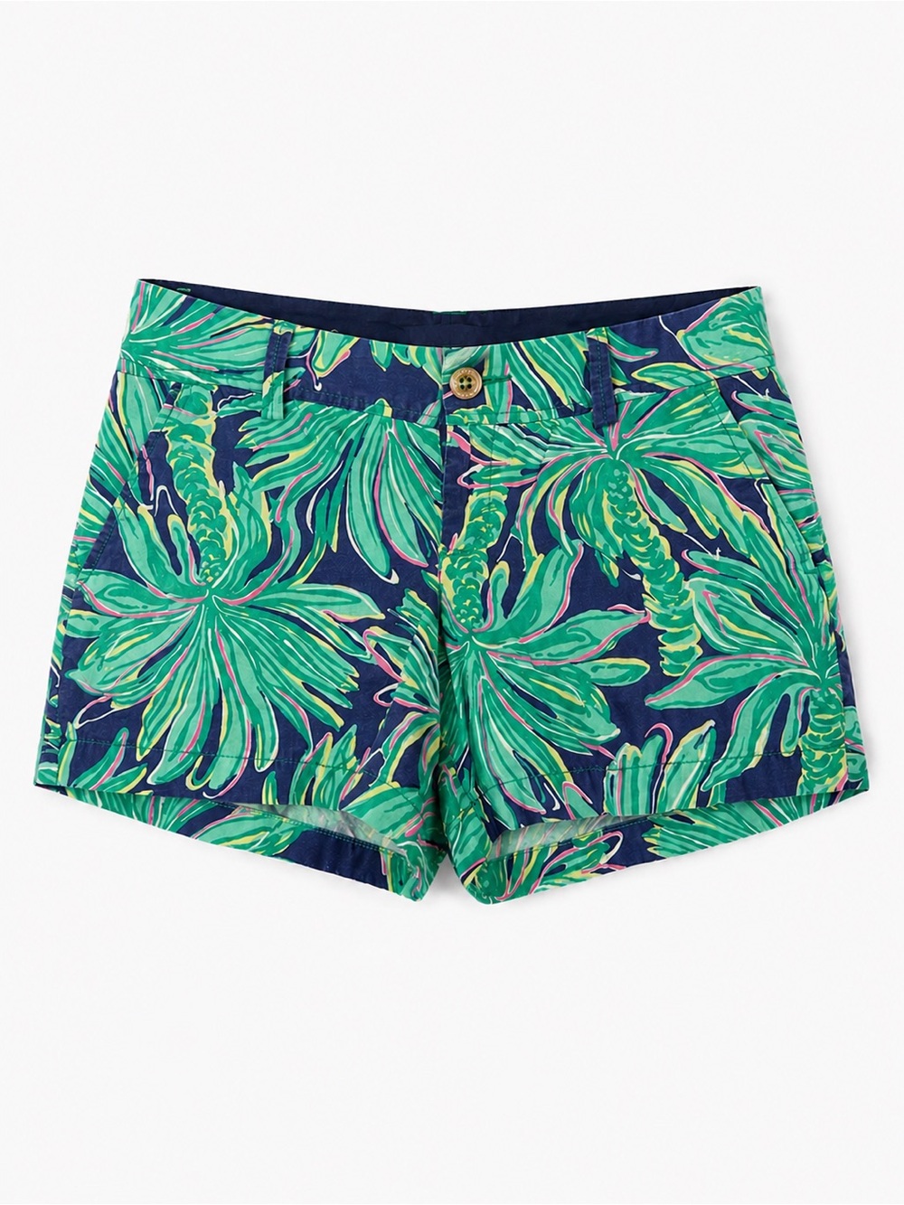 Lilly Pulitzer Navy Shorts with Green Tropical Leaf Print and Pink Accents